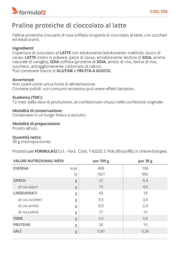 100 Praline proteiche di cioccolato al latte