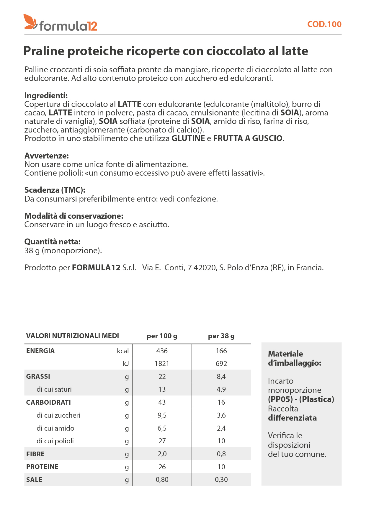 100_ Praline proteiche di cioccolato al latte