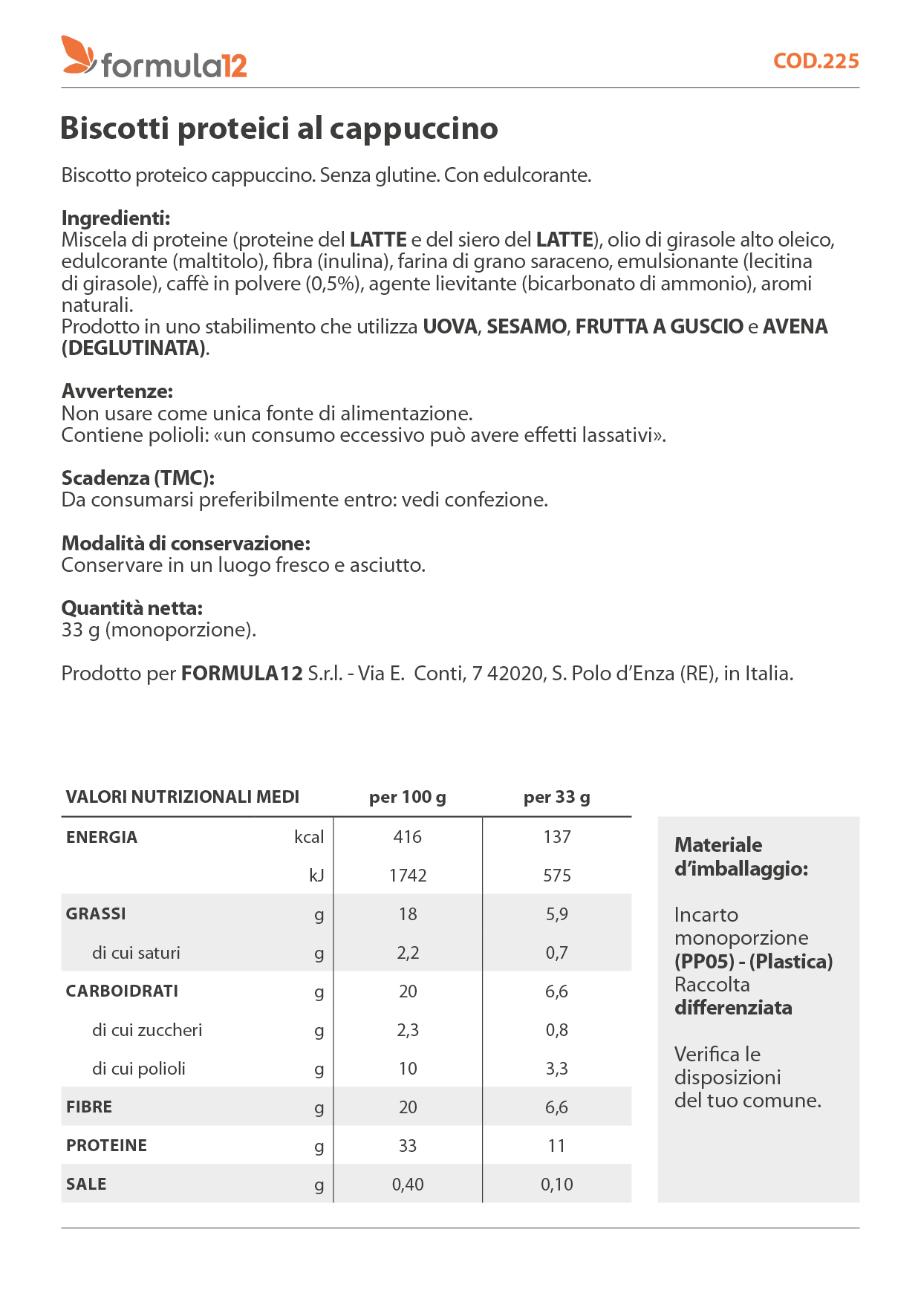 225 Biscotti proteici al cappuccino